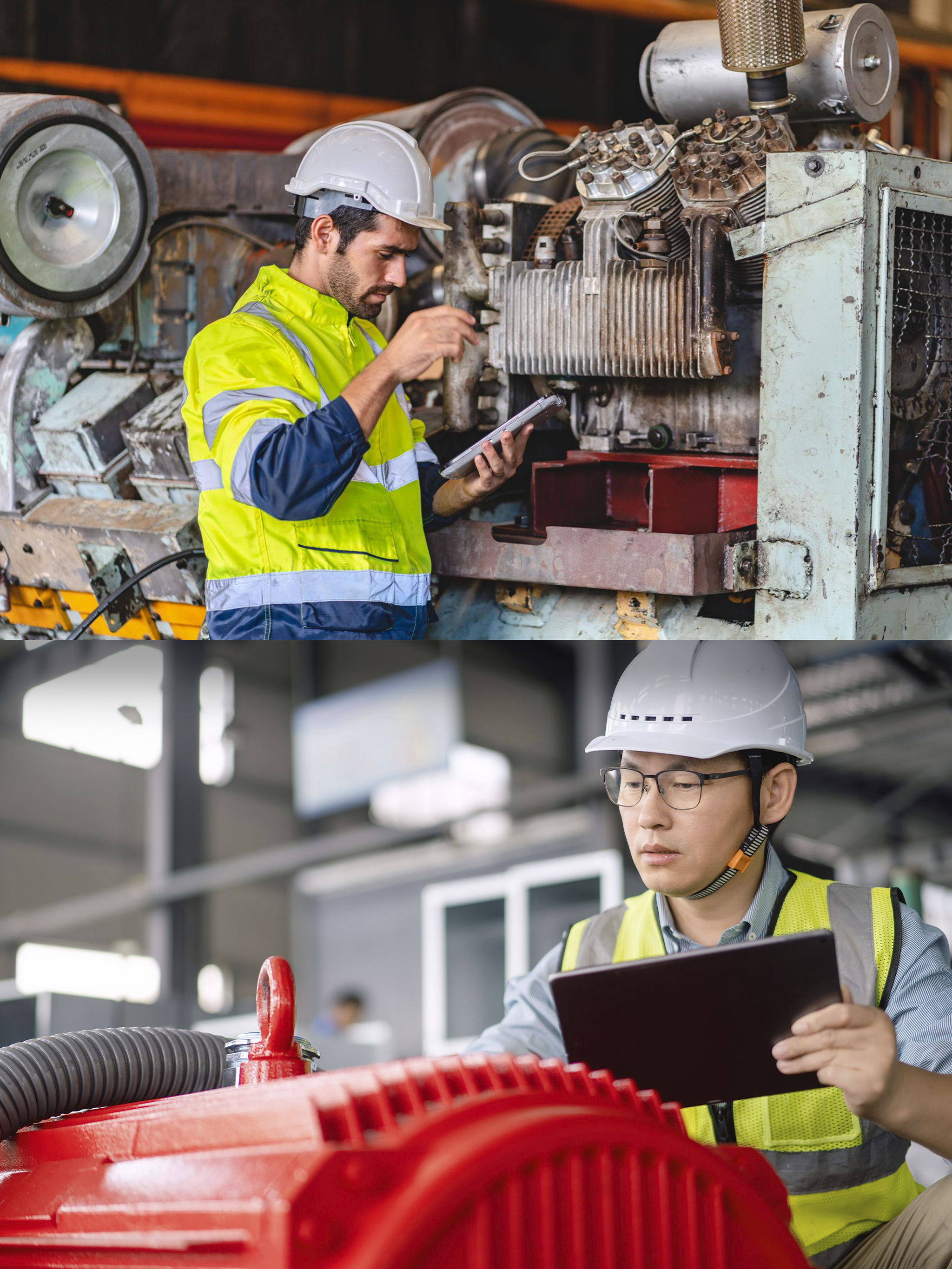 Técnicos inspecionando equipamentos industriais com tablet