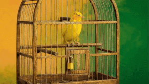 Imagem de um canário amarelo dentro de uma gaiola de madeira com cadeado dourado na porta. O fundo possui degradê em tons de amarelo e verde, remetendo às cores da bandeira do Brasil. A cena transmite sensação de aprisionamento e simbolismo visual relacionado à identidade brasileira.